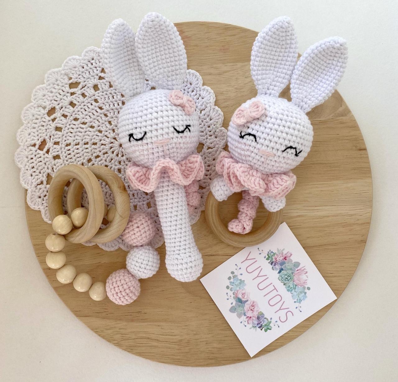 Bunny Rattle And Teether Wooden Baby Toy Expecting Mom To Be Gift ...