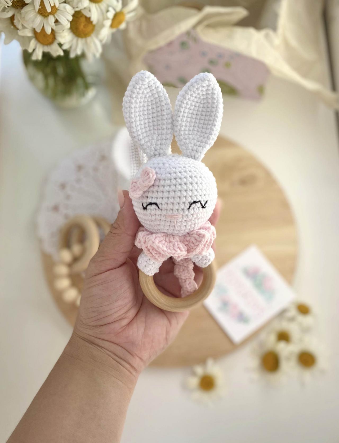 Bunny Rattle And Teether Wooden Baby Toy Expecting Mom To Be Gift ...